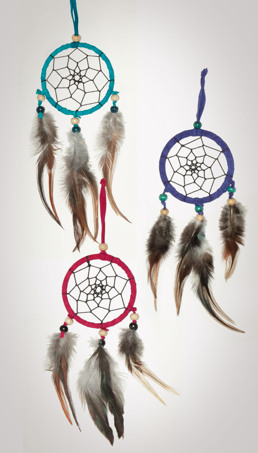 A dream catcher set iof three colors: Red, Blue, & Teal, and are adorned with complimentary beads and brown/gray feathers.
