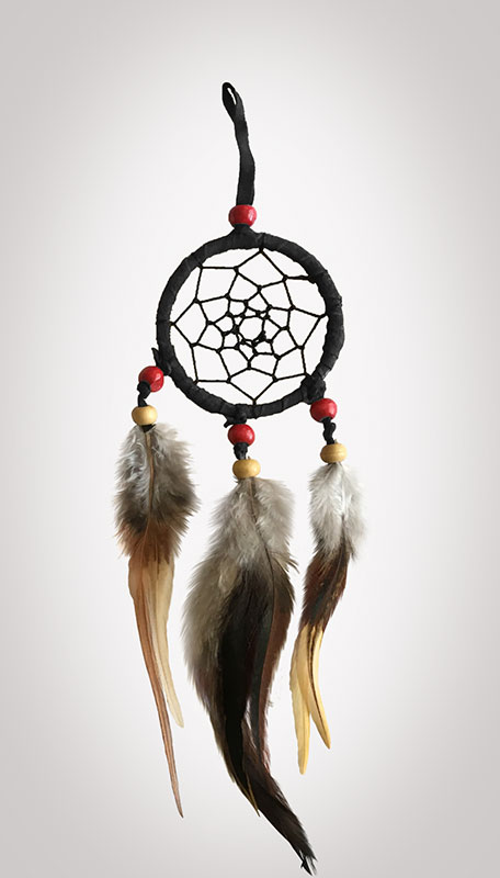 small black dreamcatchers with red and tan beads and brown feathers